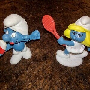 Pair Vintage Popsicle Smurf & Smurfette‎ Tennis Hong Kong 80s Schleich Figurines